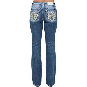 Women's Faux Flap Pockets Bootcut Jeans Mid-Rise Embellished Rhinestones